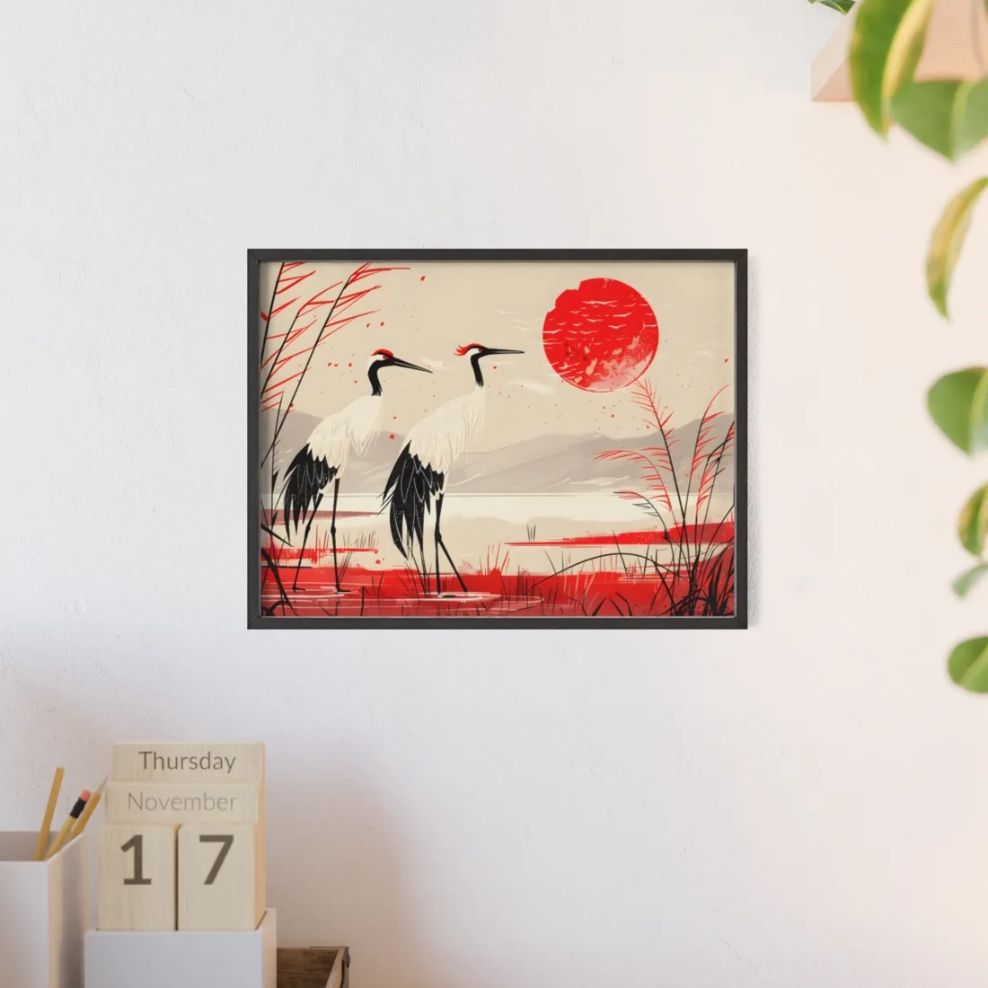 Peaceful Cranes in Serene Nature: Landscape - Framed Poster
