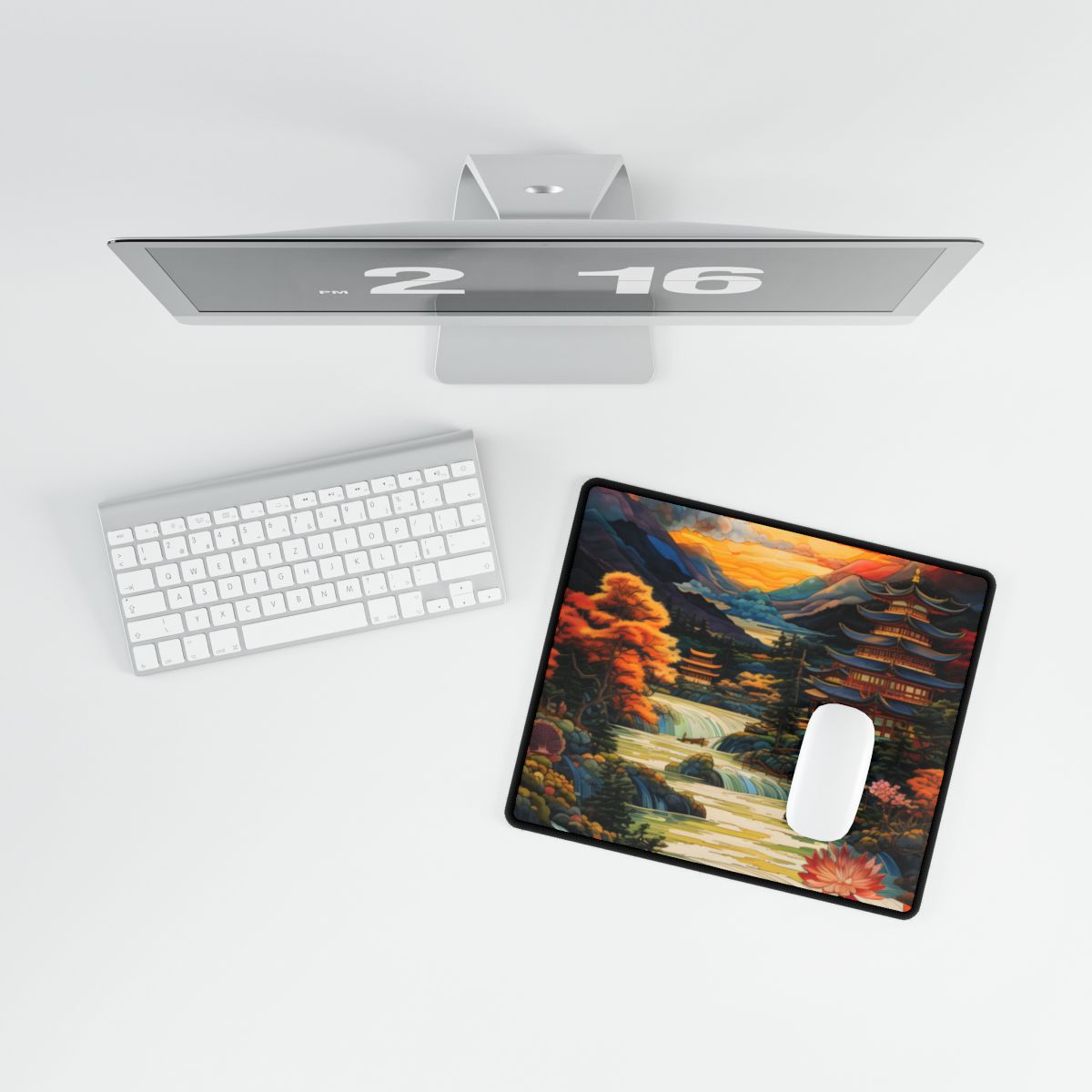 Peaceful Japanese River Landscape with Flowers: Serene Artwork - Desk Mat