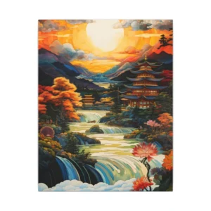 Pagoda by Waterfalls at Sunset Canvas Print