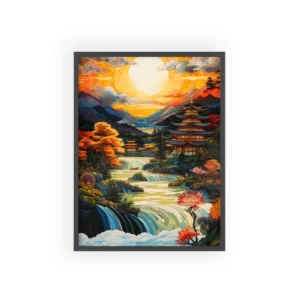 Pagoda by Waterfalls at Sunset Framed Poster