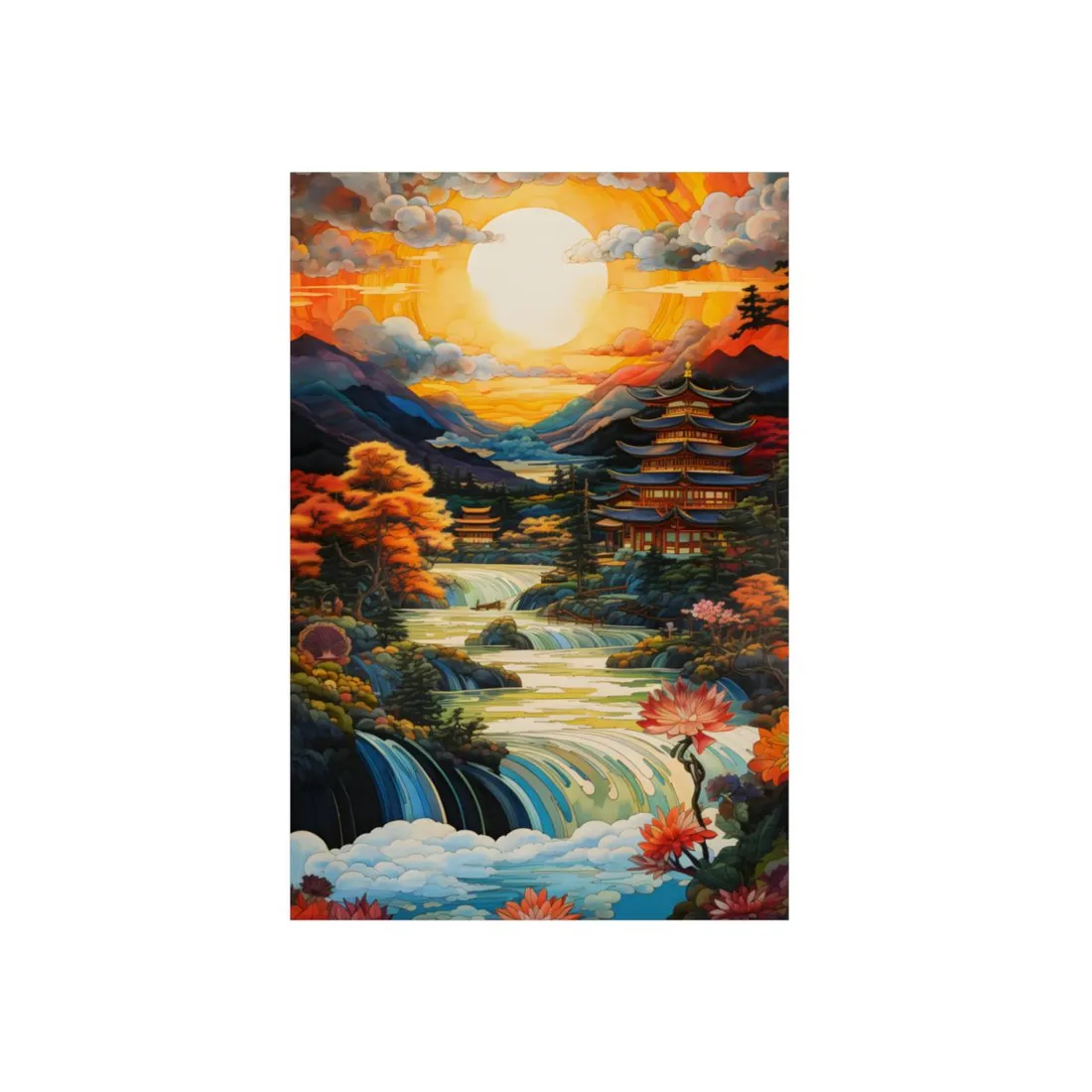 Peaceful Japanese River Landscape with Flowers: Serene - Metal Poster