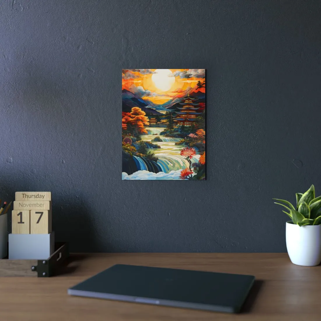 Peaceful Japanese River Landscape with Flowers: Serene - Metal Poster