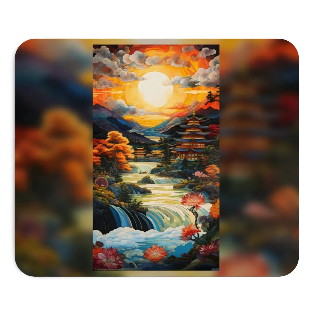 Peaceful Japanese River Landscape with Flowers: Serene - Mouse Pad