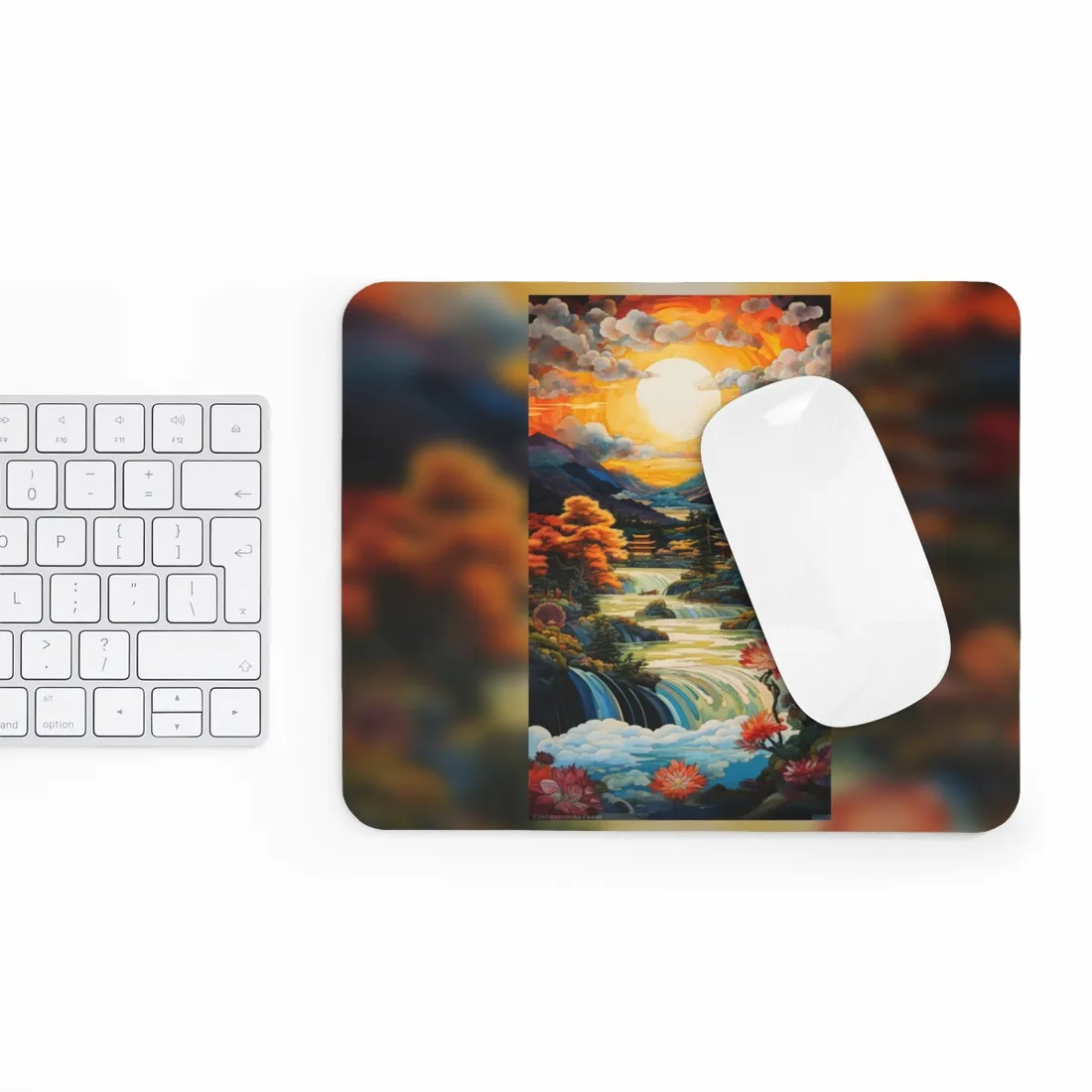 Peaceful Japanese River Landscape with Flowers: Serene - Mouse Pad