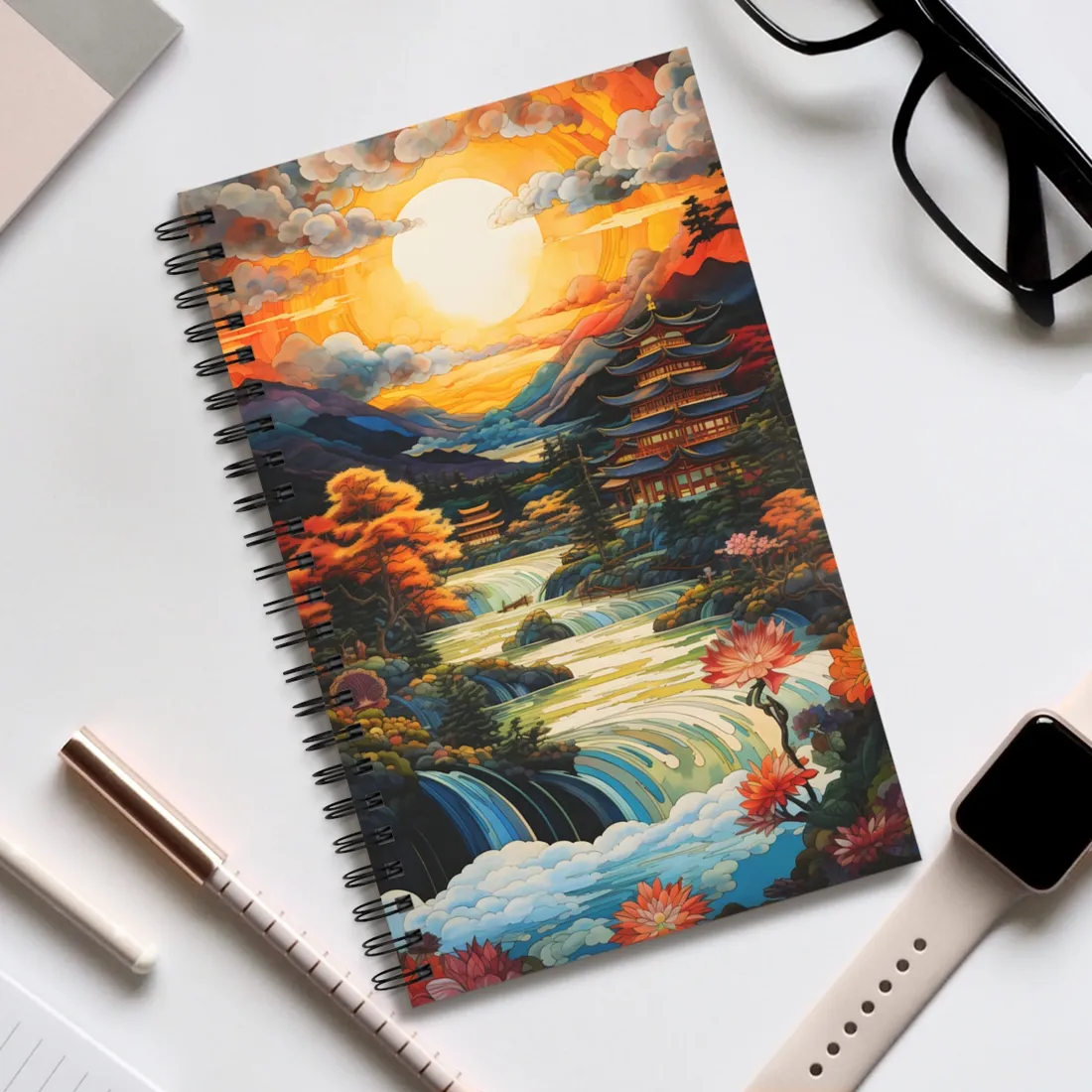 Peaceful Japanese River Landscape with Flowers: Serene - Spiral Notebook
