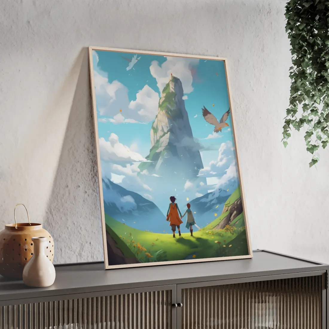Peaceful Meadow Encounter: A Serene Moment with Two Friends - Framed Poster