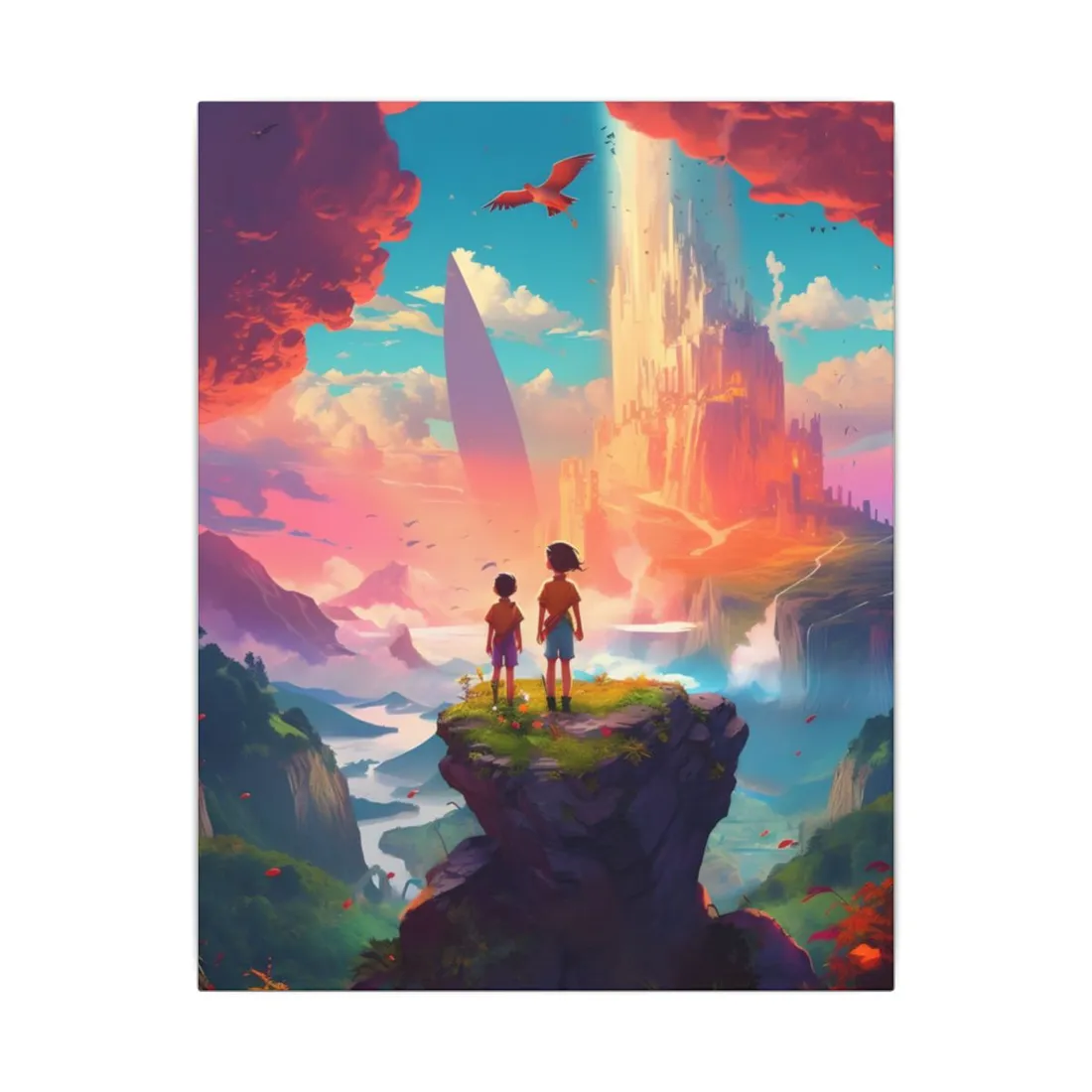 Peaceful Meadow Landscape: Girl and Boy on Cloudy Hill - Canvas