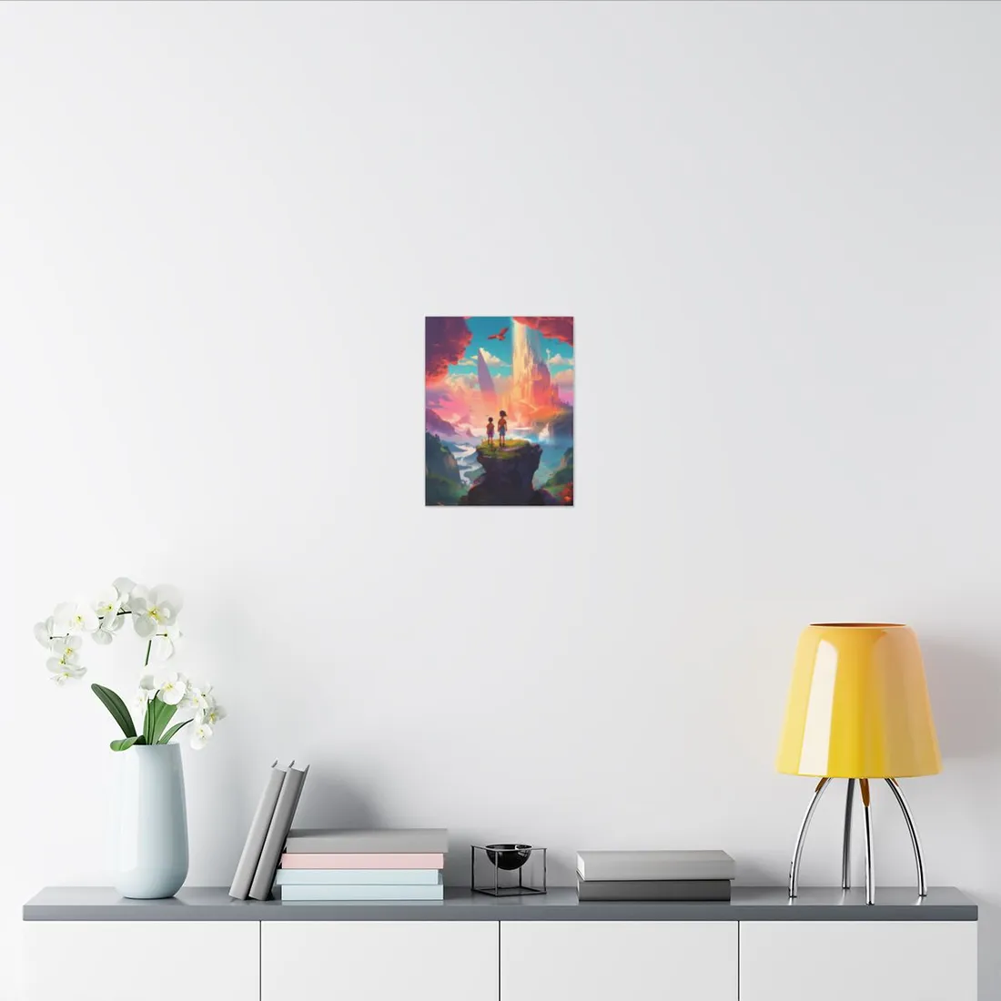 Peaceful Meadow Landscape: Girl and Boy on Cloudy Hill - Canvas