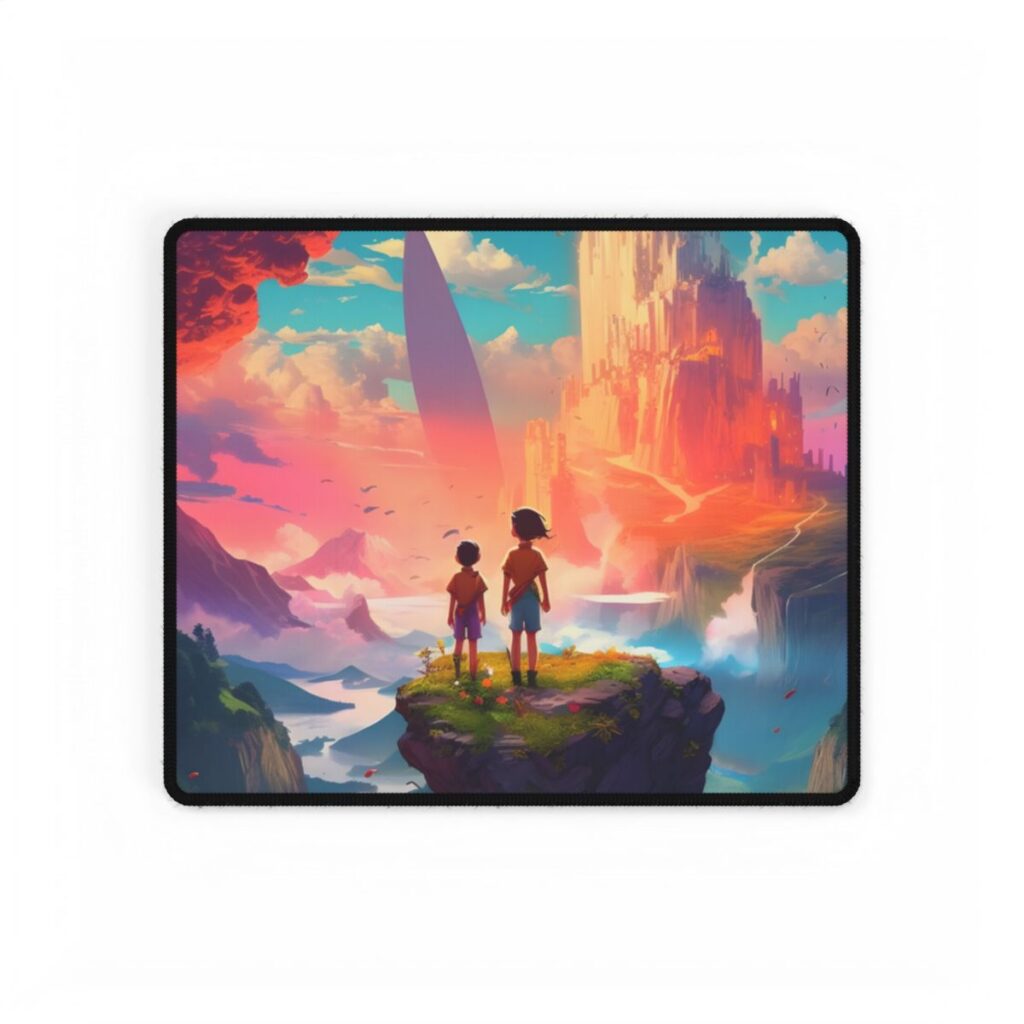 Peaceful Meadow Landscape: Girl and Boy on Cloudy Hill - Desk Mat