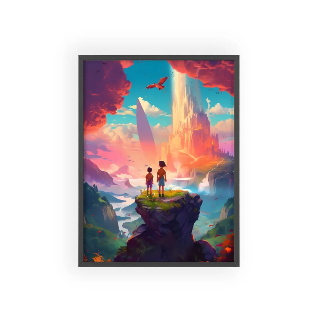Peaceful Meadow Landscape: Girl and Boy on Cloudy Hill - Framed Poster