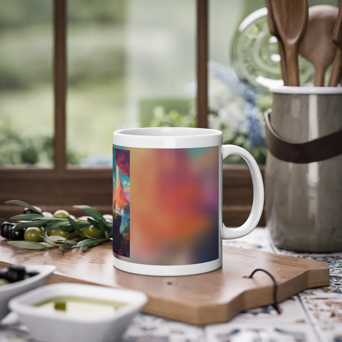Peaceful Meadow Landscape: Girl and Boy on Cloudy Hill - Mug