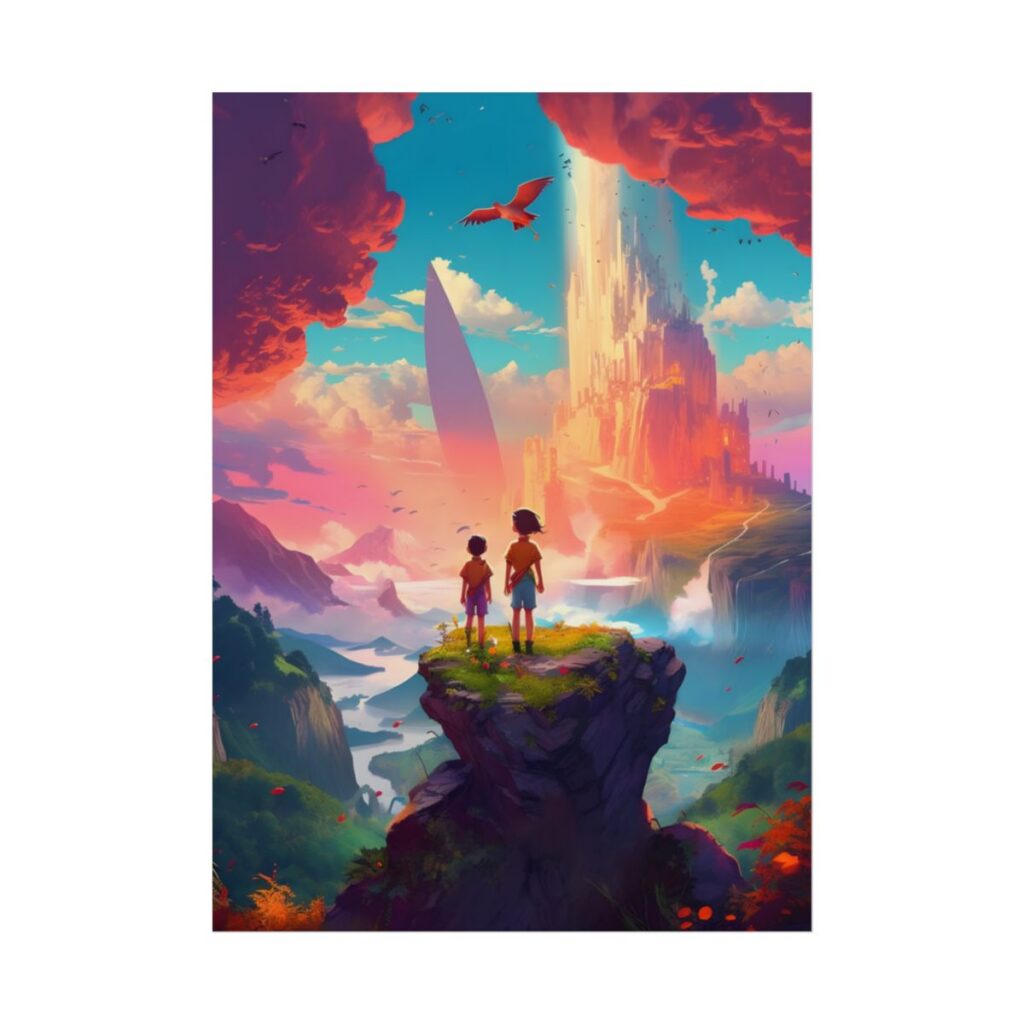 Peaceful Meadow Landscape: Girl and Boy on Cloudy Hill - Poster