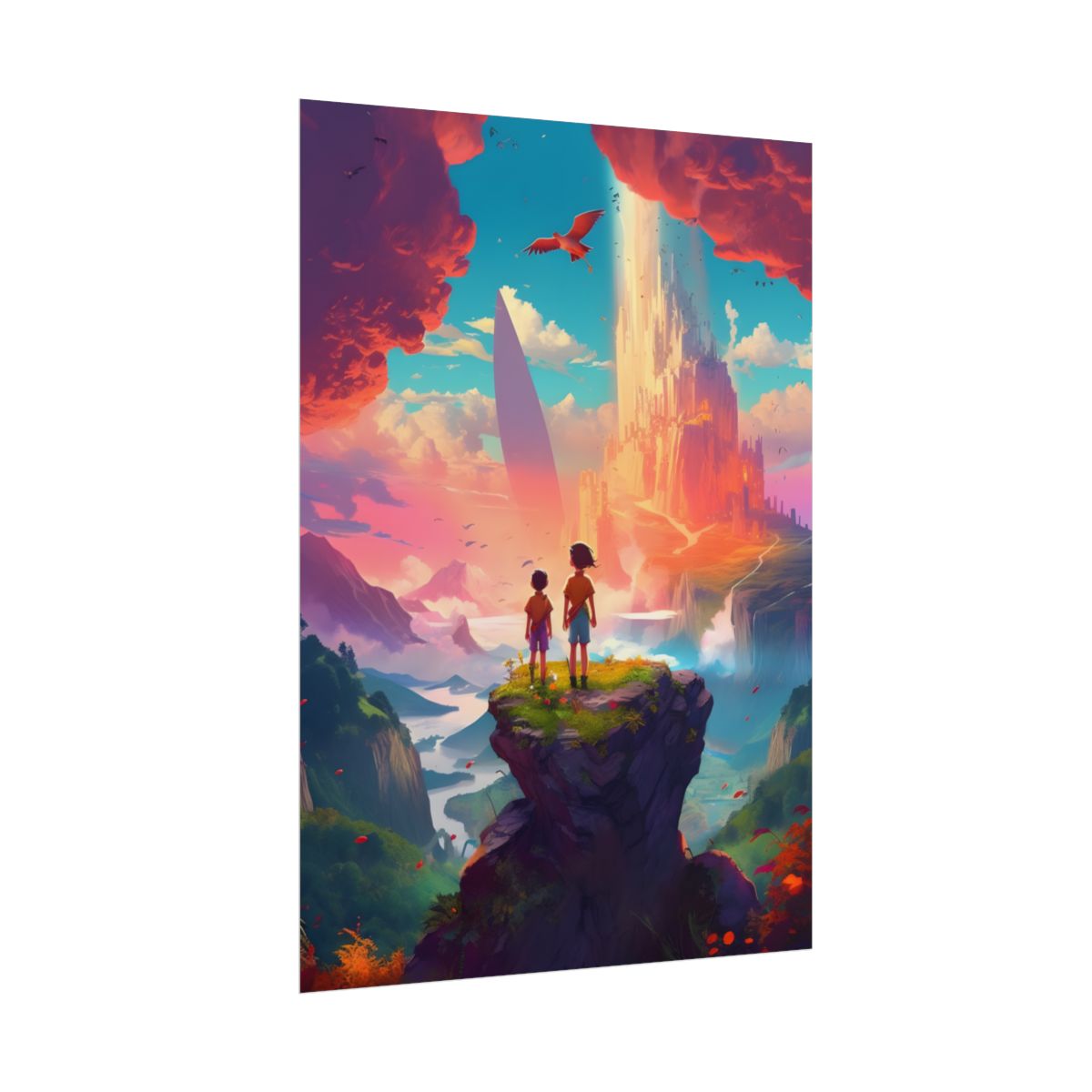 Peaceful Meadow Landscape: Girl and Boy on Cloudy Hill - Poster