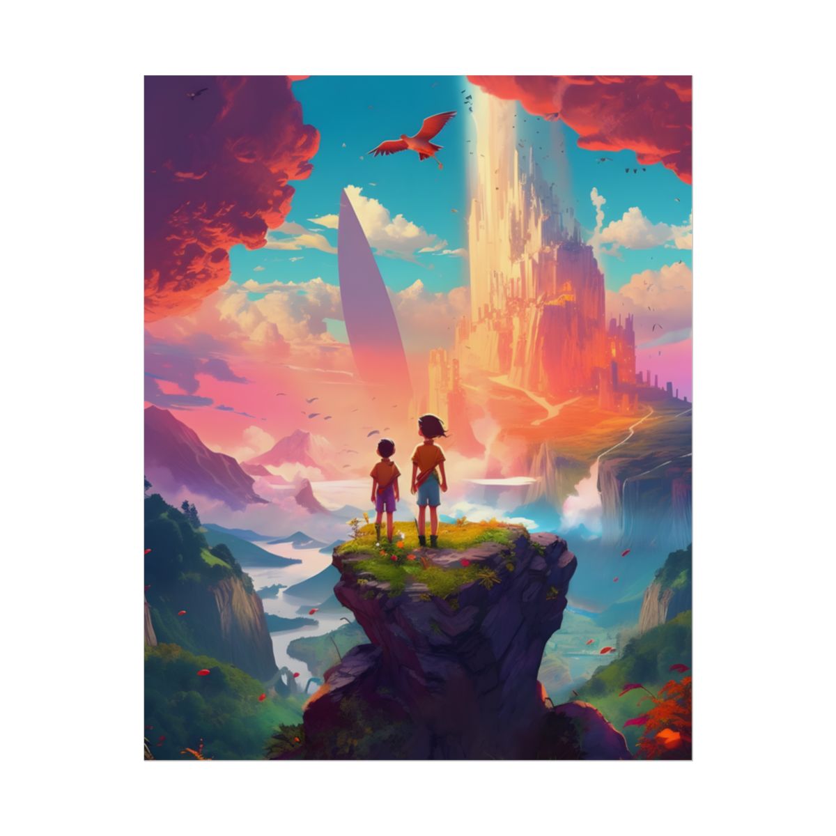 Peaceful Meadow Landscape: Girl and Boy on Cloudy Hill - Poster