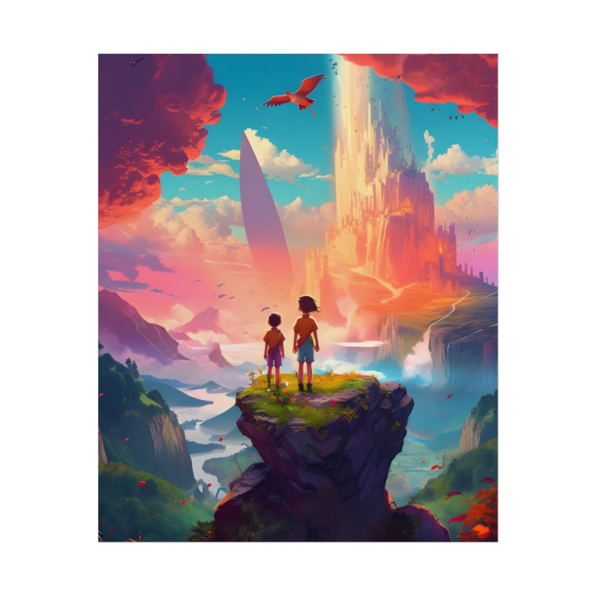 Peaceful Meadow Landscape: Girl and Boy on Cloudy Hill - Poster