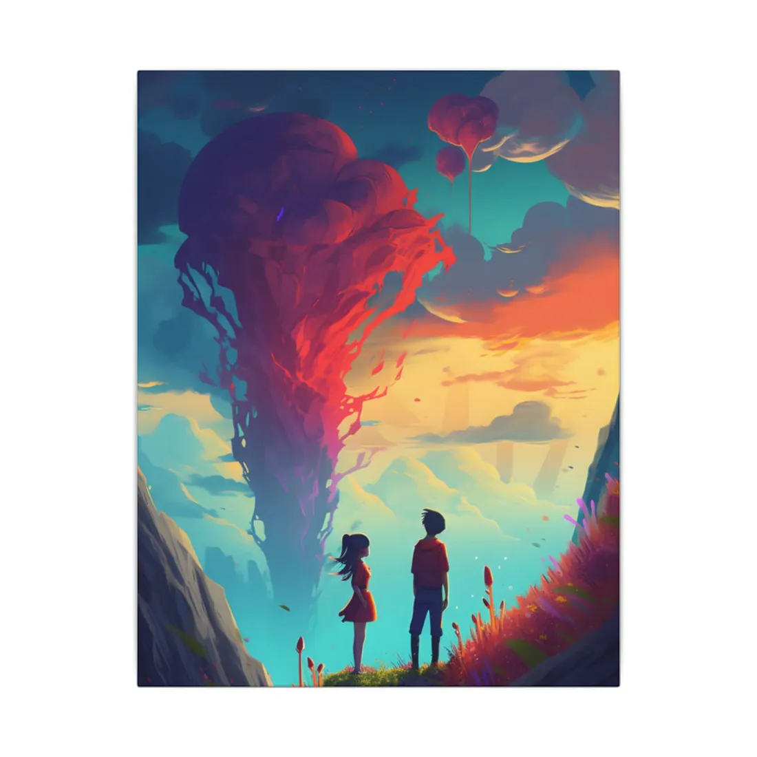Peaceful Meadow Moment: A Girl and a Boy in Nature - Canvas