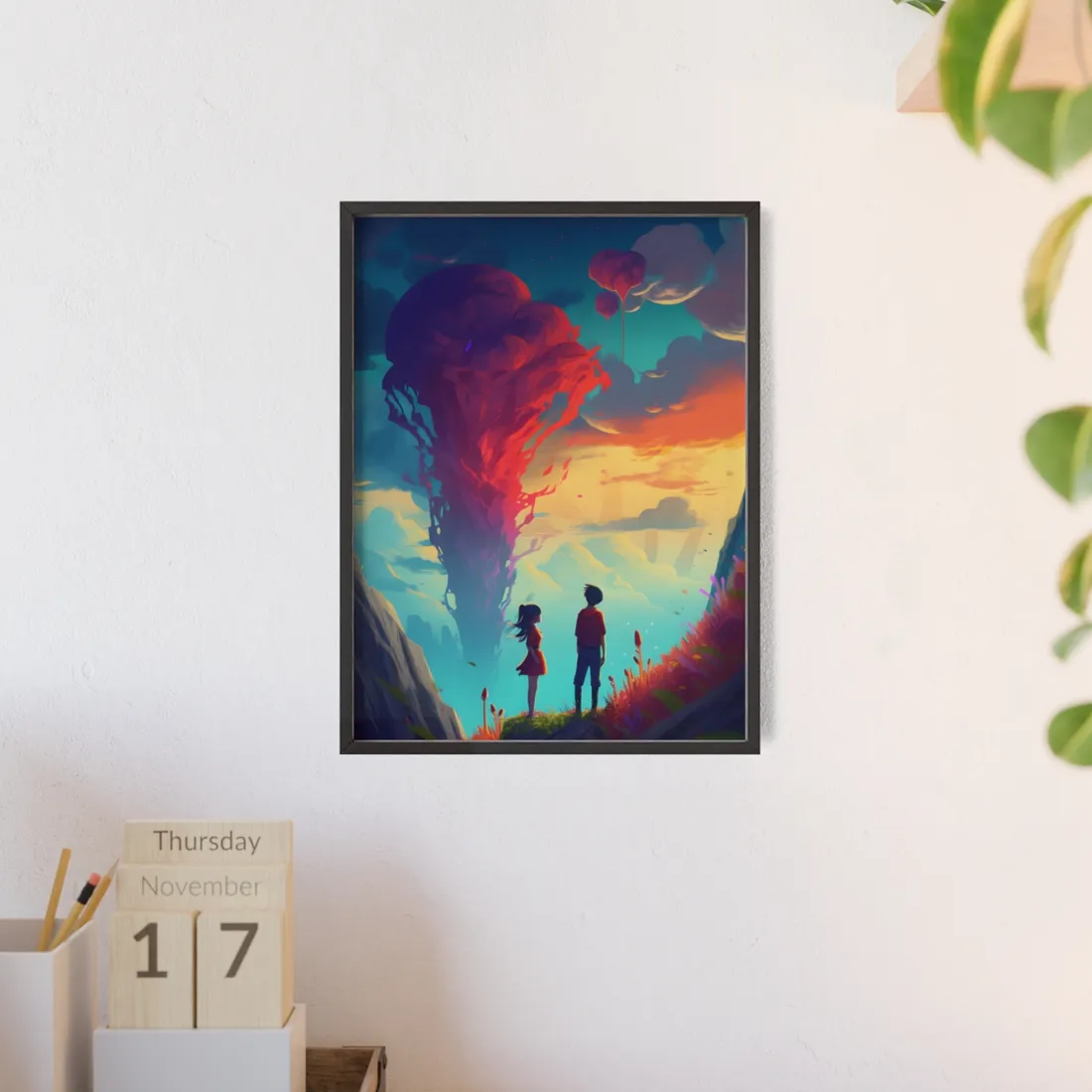 Peaceful Meadow Moment: A Girl and a Boy in Nature - Framed Poster