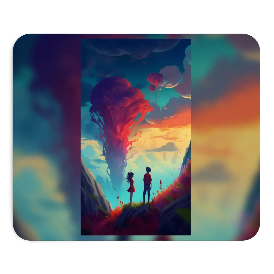 Peaceful Meadow Moment: A Girl and a Boy in Nature - Mouse Pad
