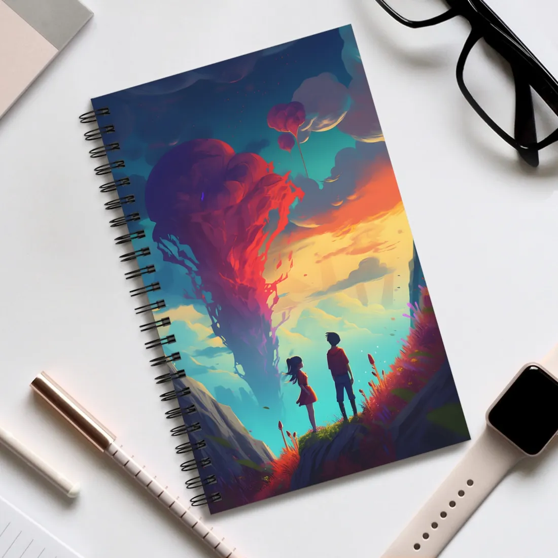 Peaceful Meadow Moment: A Girl and a Boy in Nature - Spiral Notebook