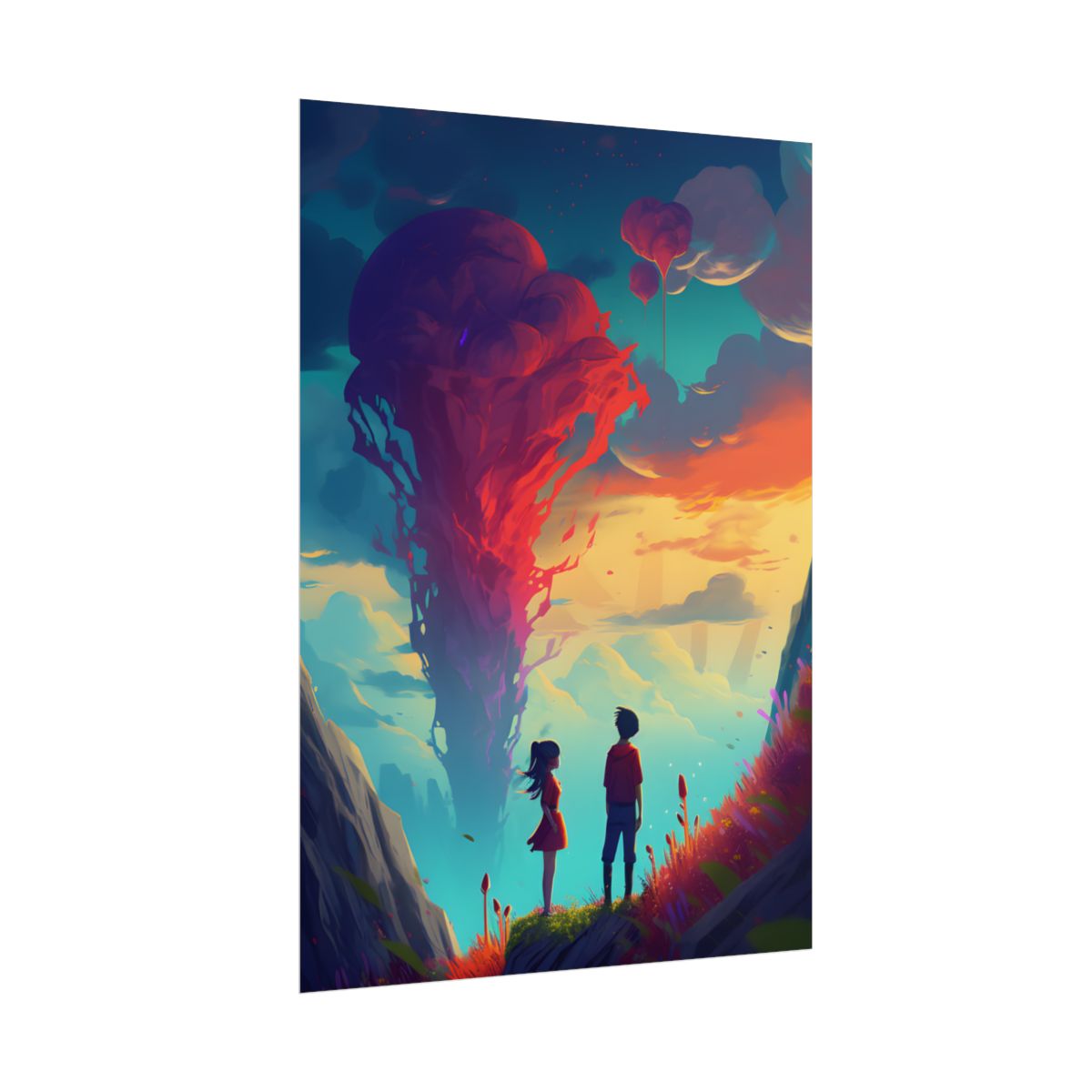 Peaceful Meadow Moment: A Girl and a Boy in Nature - Poster