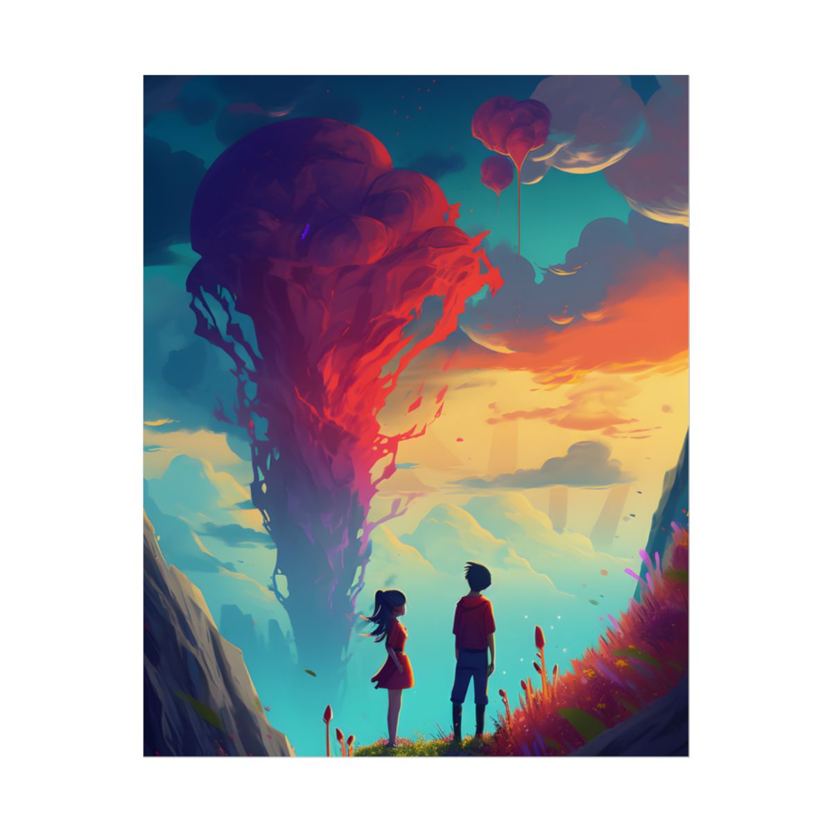 Peaceful Meadow Moment: A Girl and a Boy in Nature - Poster