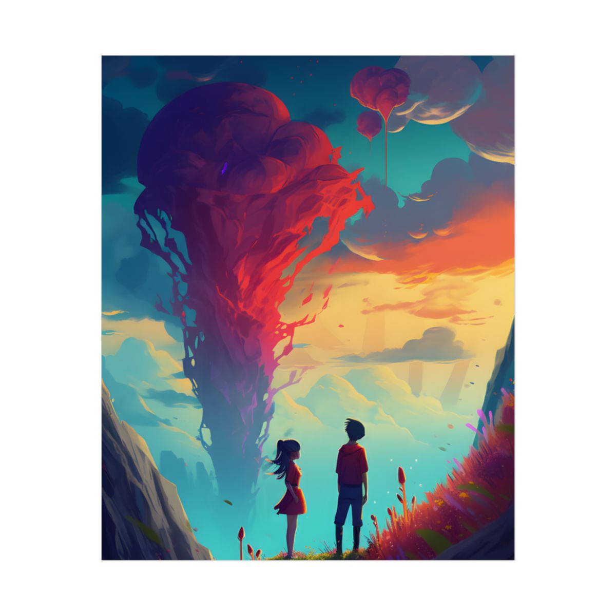 Peaceful Meadow Moment: A Girl and a Boy in Nature - Poster
