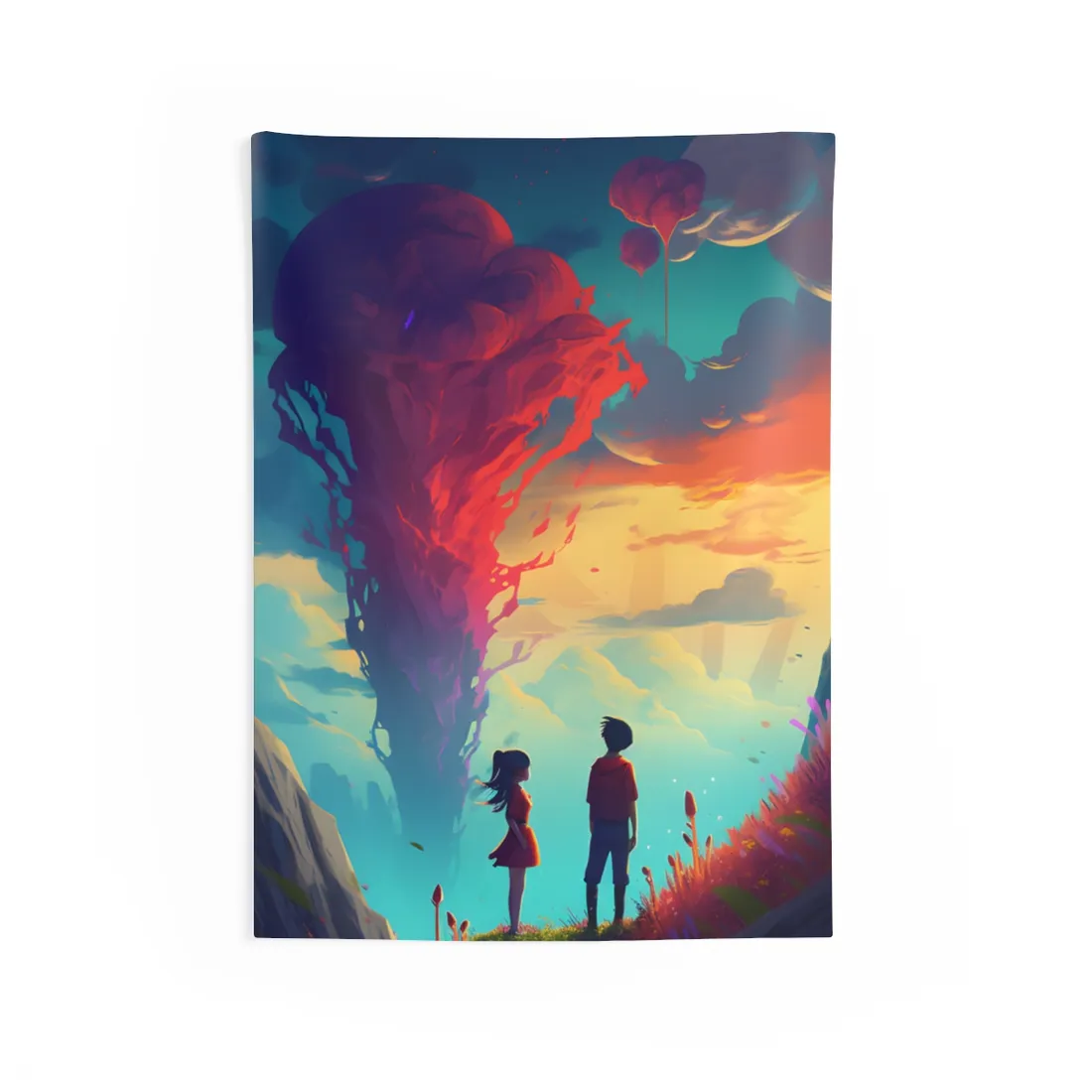 Peaceful Meadow Moment: A Girl and a Boy in Nature - Wall Tapestry
