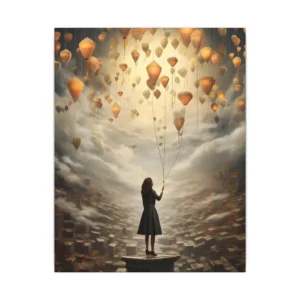 Woman Holding Balloons Above City Canvas Print