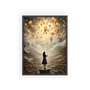 Woman Holding Balloons Above City Framed Poster