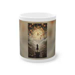 Woman Holding Balloons Above City Mug