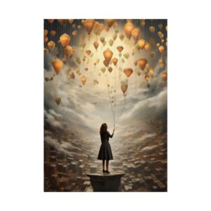 Woman Holding Balloons Above City Poster