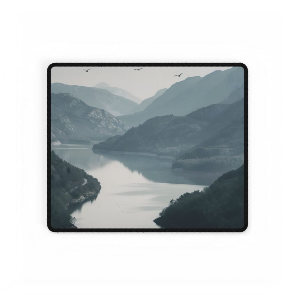 Peaceful Mountain Oasis: Serene Birds Eye View Artwork - Desk Mat