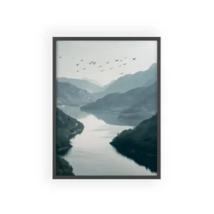 Misty Mountain River Landscape Framed Poster