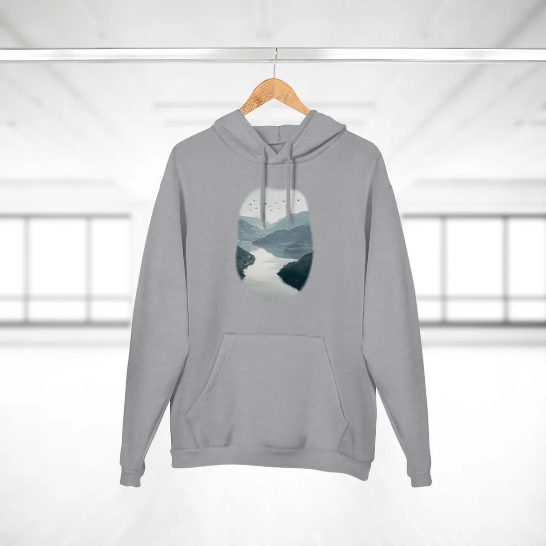 Peaceful Mountain Oasis: Serene Birds Eye View - Hoodie (Heather Grey)
