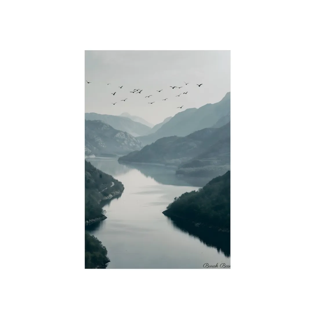 Peaceful Mountain Oasis: Serene Birds Eye View - Metal Poster