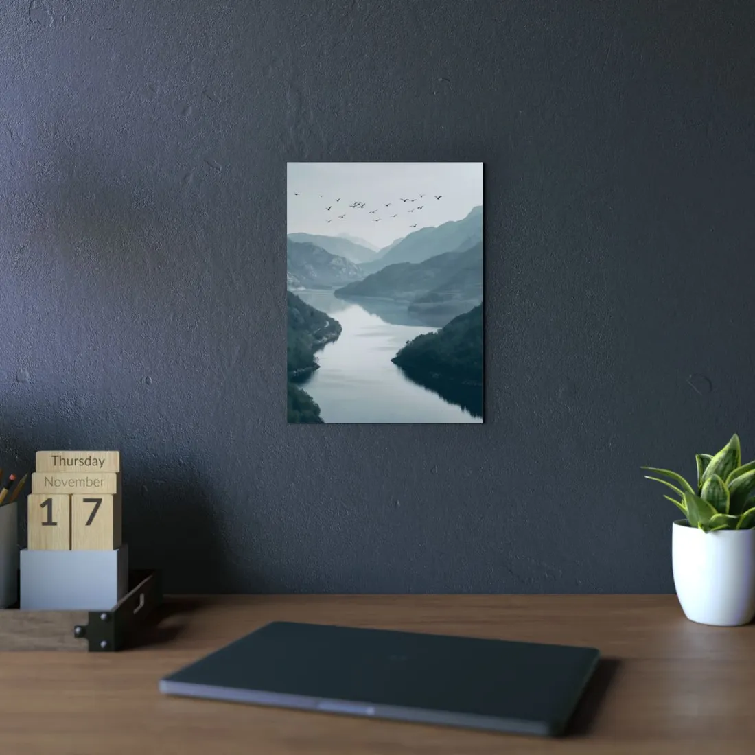 Peaceful Mountain Oasis: Serene Birds Eye View - Metal Poster