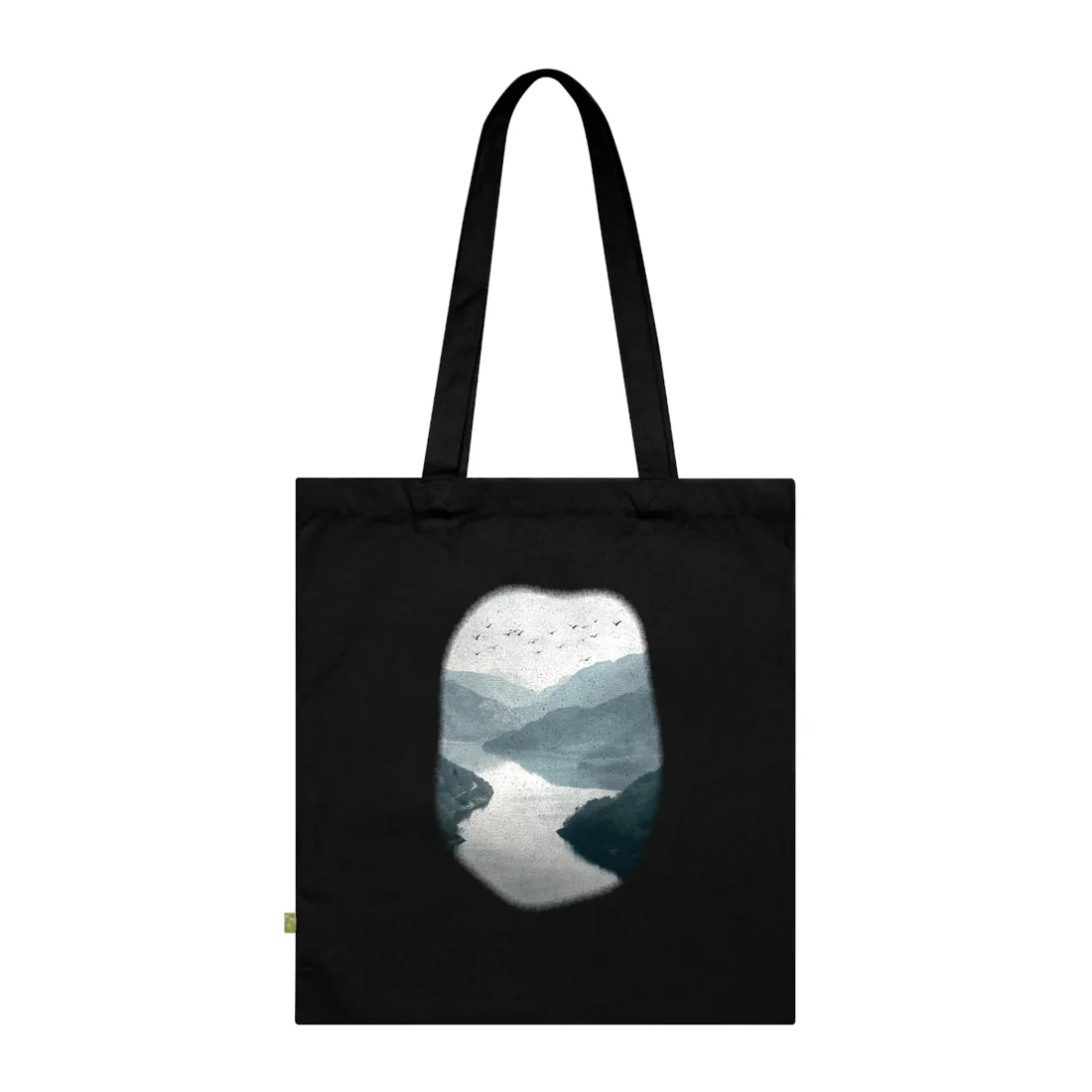Peaceful Mountain Oasis: Serene Birds Eye View - Tote Bag (Black)