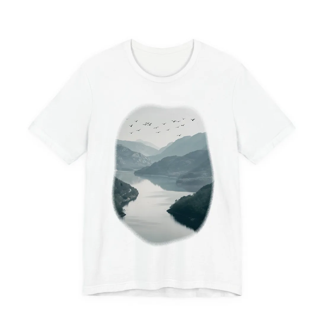 Peaceful Mountain Oasis: Serene Birds Eye View - T-Shirt (White)