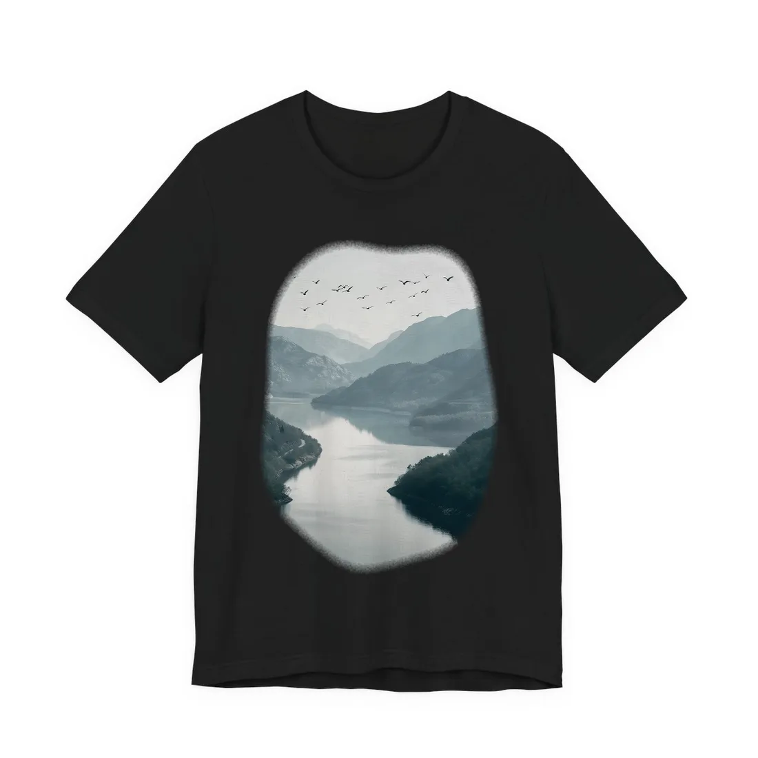 Peaceful Mountain Oasis: Serene Birds Eye View - T-Shirt (Black)