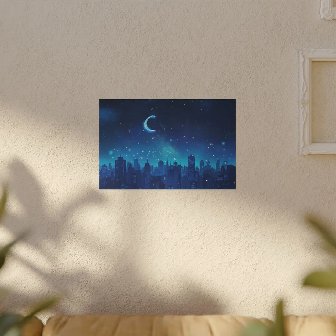 Peaceful Night Sky with Crescent Moon: Starry Digital Art - Canvas