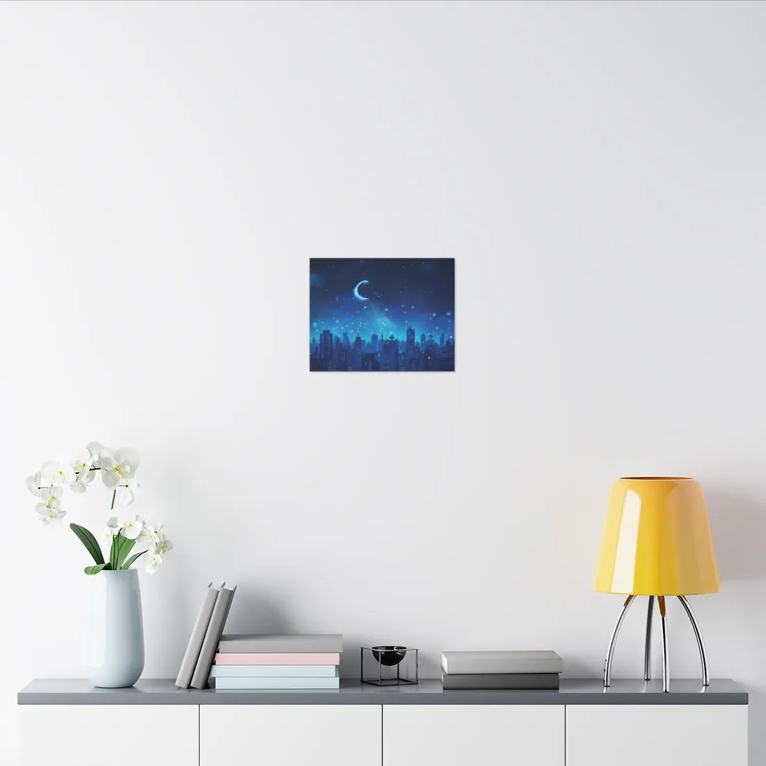 Peaceful Night Sky with Crescent Moon: Starry Digital Art - Canvas