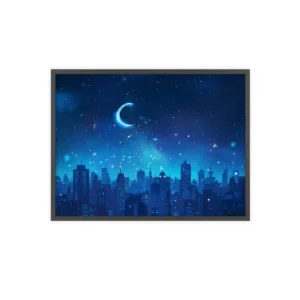 Crescent Moon over City Skyline Framed Poster