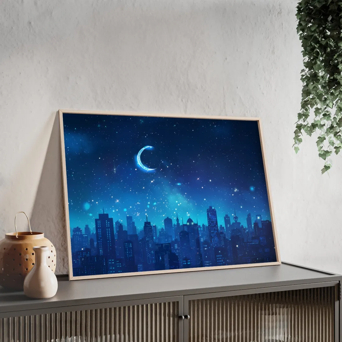 Peaceful Night Sky with Crescent Moon: Starry Digital Art - Framed Poster