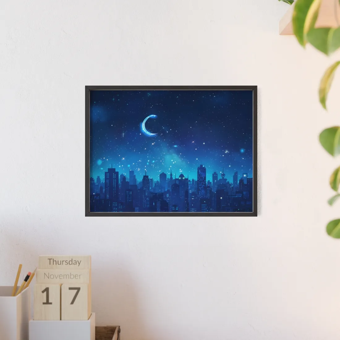 Peaceful Night Sky with Crescent Moon: Starry Digital Art - Framed Poster