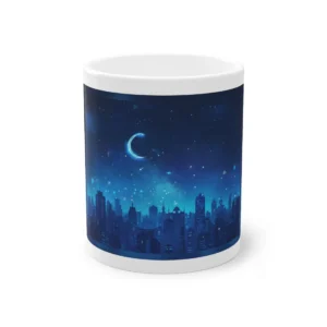 Crescent Moon over City Skyline Mug