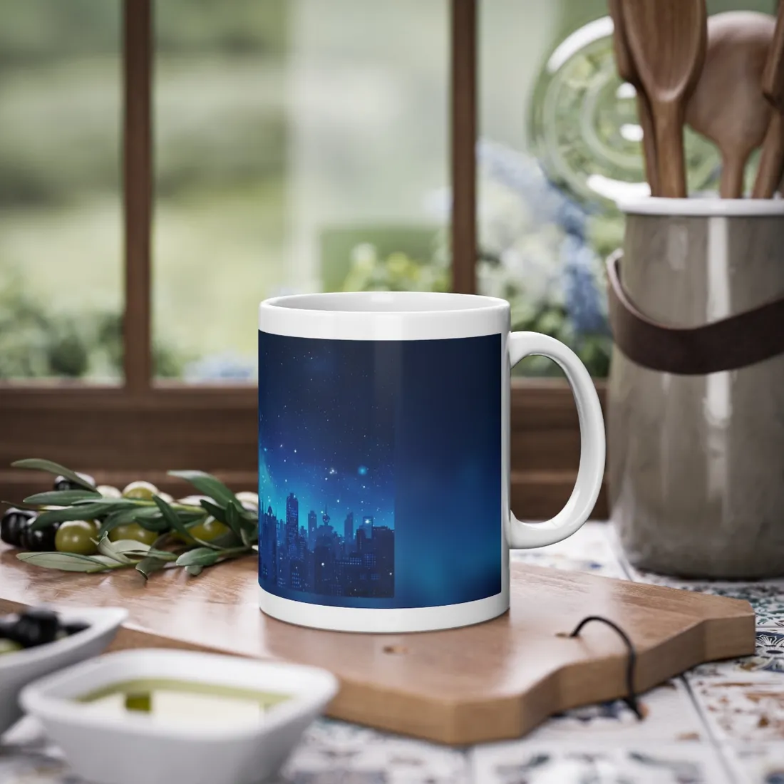 Peaceful Night Sky with Crescent Moon: Starry Digital Art - Mug