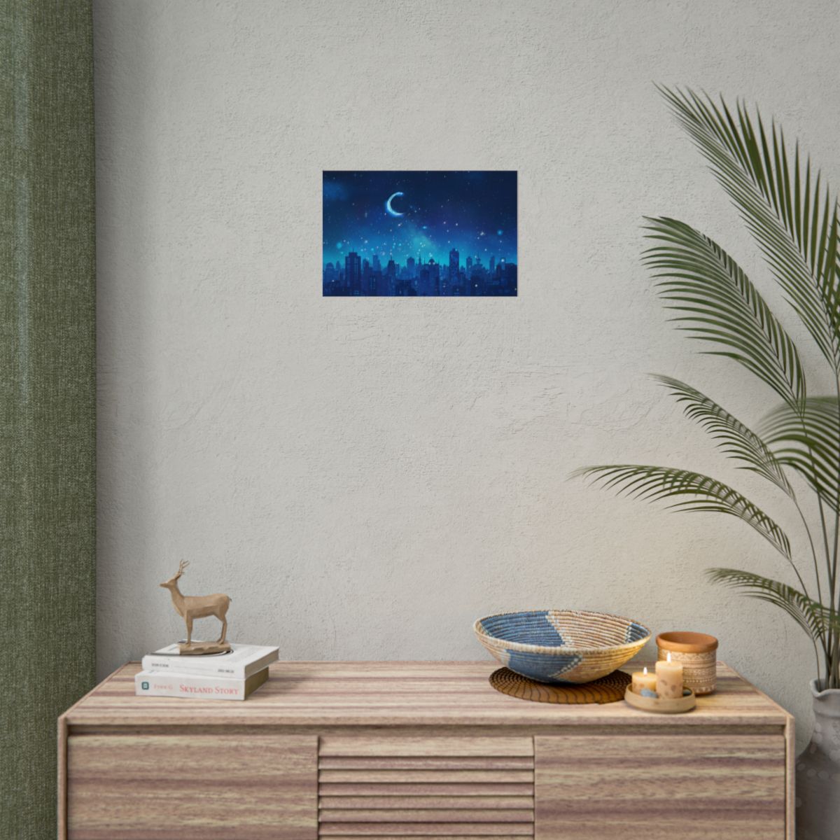 Peaceful Night Sky with Crescent Moon: Starry Digital Art - Poster