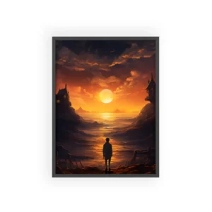 Boy Facing Sunset over Sea Framed Poster