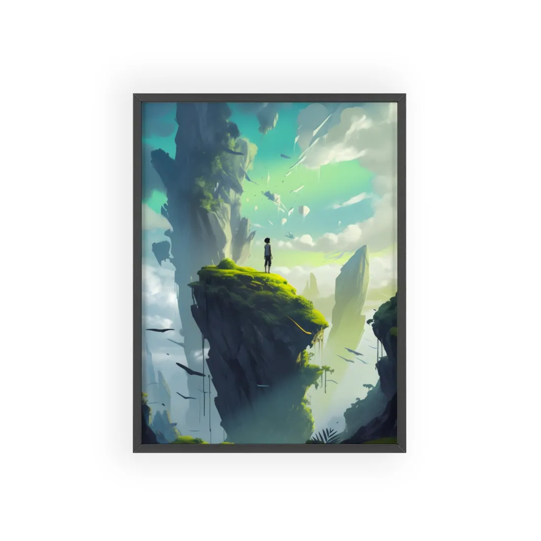 Peaceful Outdoor Moment: Kids in Meadow on Cloudy Hill - Framed Poster