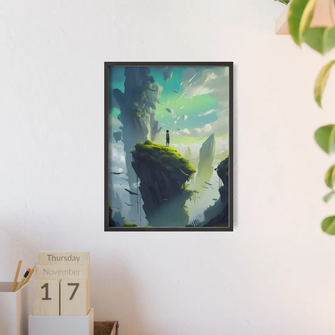 Peaceful Outdoor Moment: Kids in Meadow on Cloudy Hill - Framed Poster